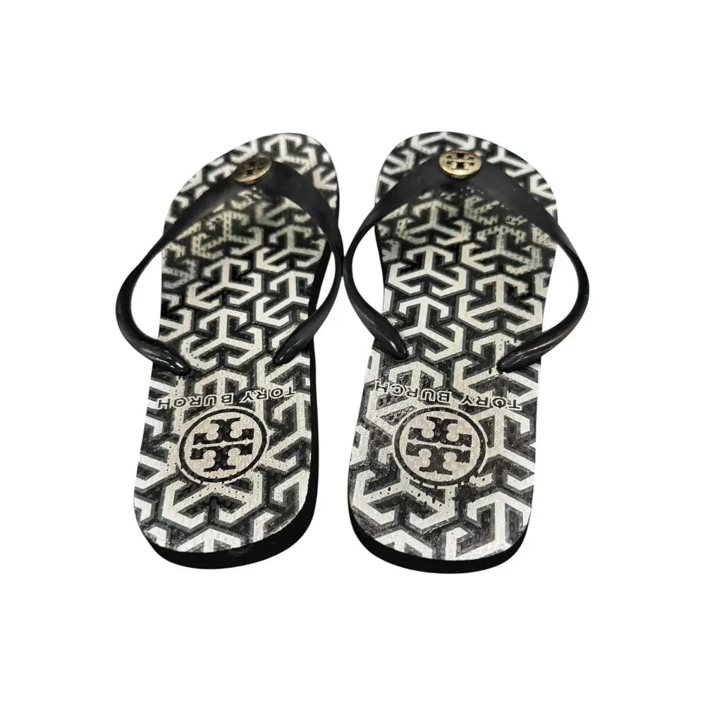 Tory Burch Chelsea Geometric Thin Flip Flop Sandals Black White Sz 7